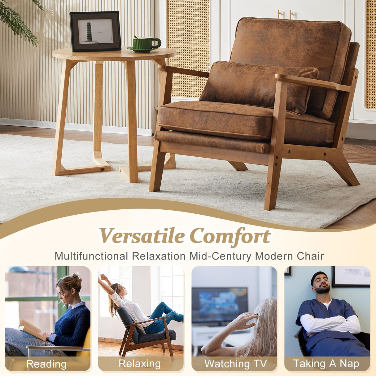 VINGLI Solid Wood Wide Armrests Accent Chair,Upholstered Mid Century Modern Chair with Pillow,Comfy Reading Chair Farmhouse Arm Chair,Chairs Living Room,Bedroom,Guest Room,Suede,Rustic VINGLI