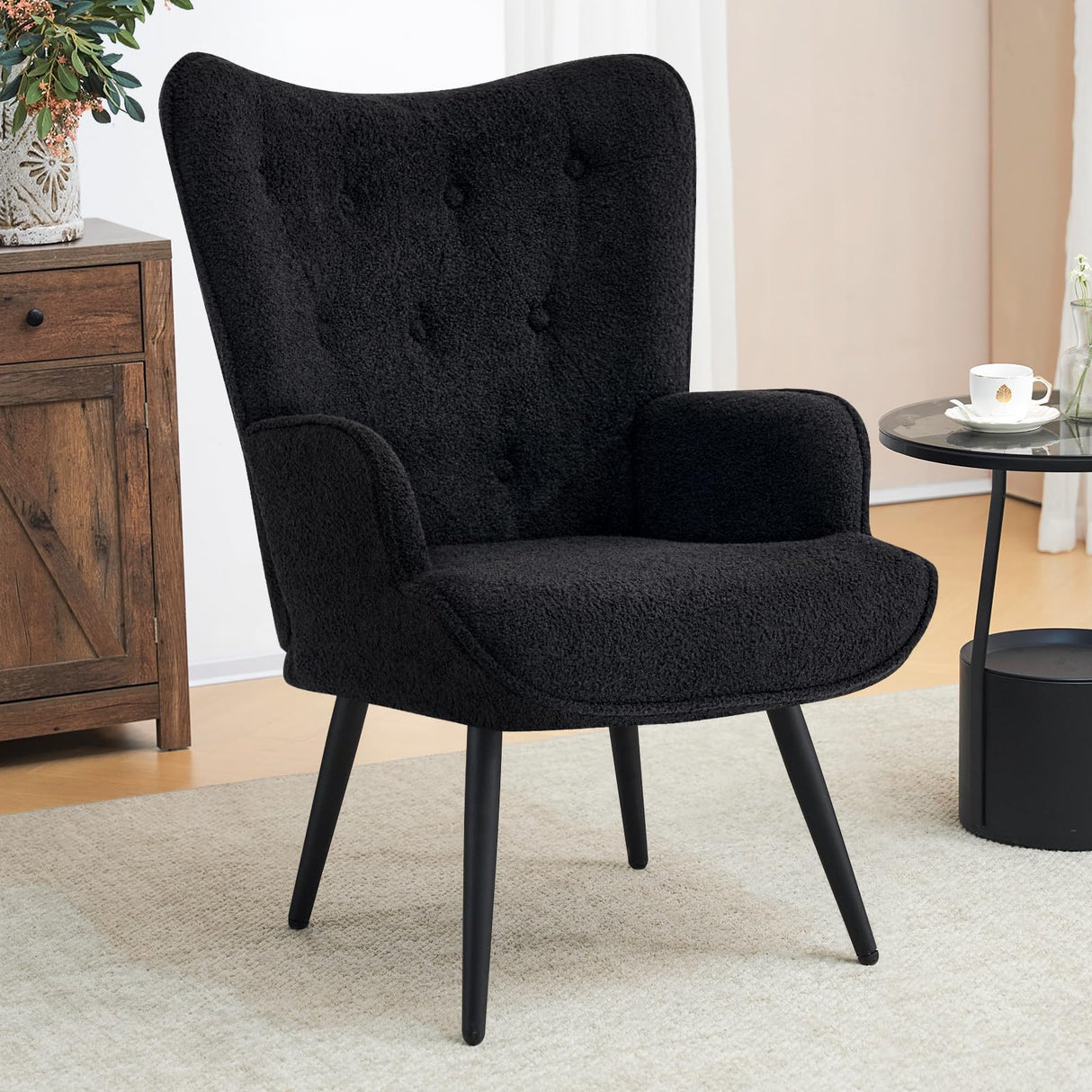 Furniliving Boucle Accent Chair for Living Room, Upholstered Reading Chair with High Backrest, Tufted-Button Wingback Armchair for Bedroom, Dressing Room, Home Office, Black Furniliving