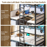 DICTAC Twin Over twin Bunk Bed with Led Lights and Charging Station Convertible Metal Twin Loft Bed with Desk and Seat bunk bed with Desk & Stair for Teen,Safety Guardrails,Black(Cushion not Included) DICTAC