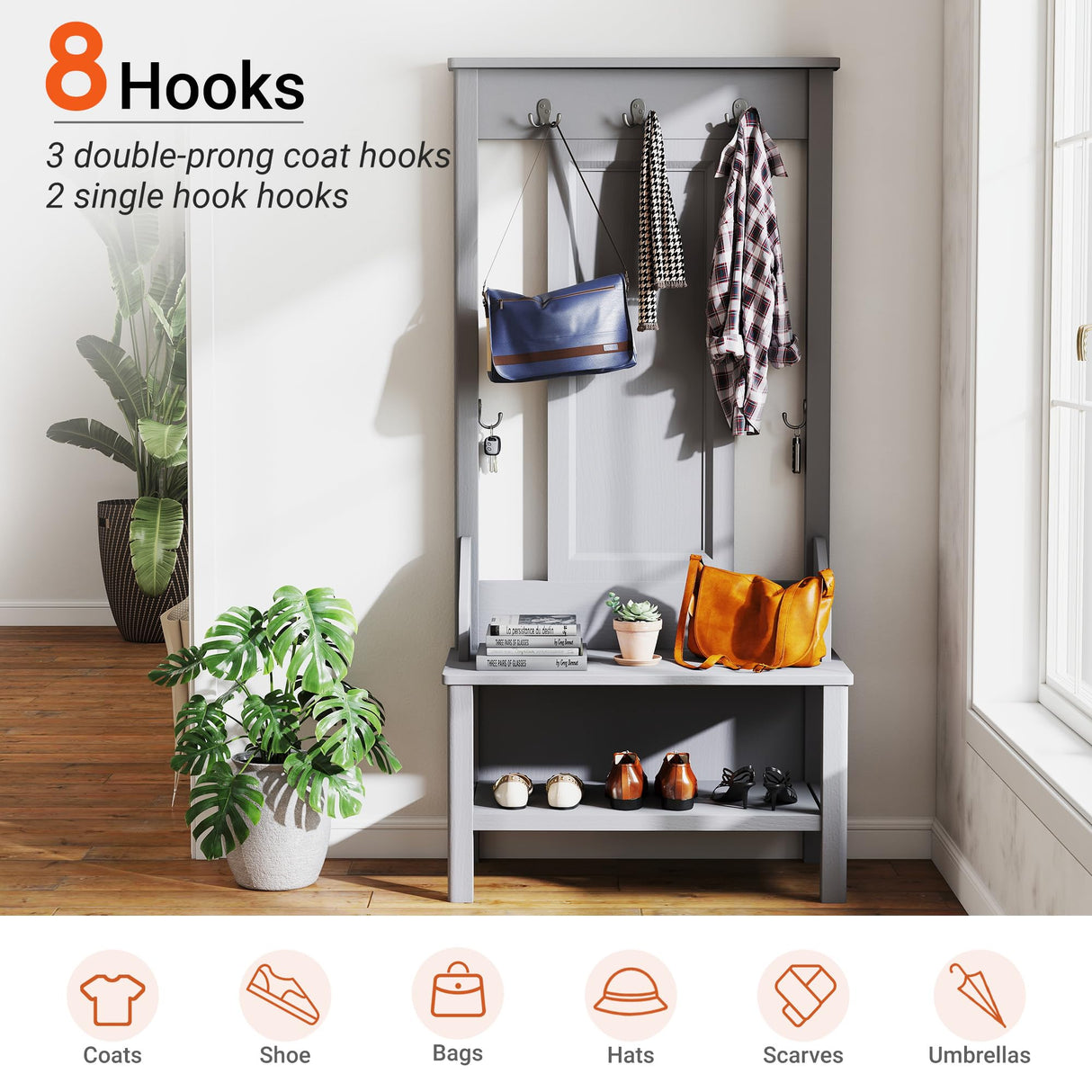 65" Farmhouse Hall Tree with Bench - 3-in-1 Entryway Organizer: Shoe Rack, Coat Hooks & Storage Shelves for Mudroom, Hallway (Gray) Delta Chairs