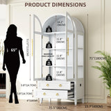 Vlsrka 71 Inch Arched Curio Cabinet, 4-Tier Display Cabinet and 2 Drawers, Tall Bookcase with 3 Color Lights, Display Case with Glass Doors, Kitchen Pantry, White Vlsrka