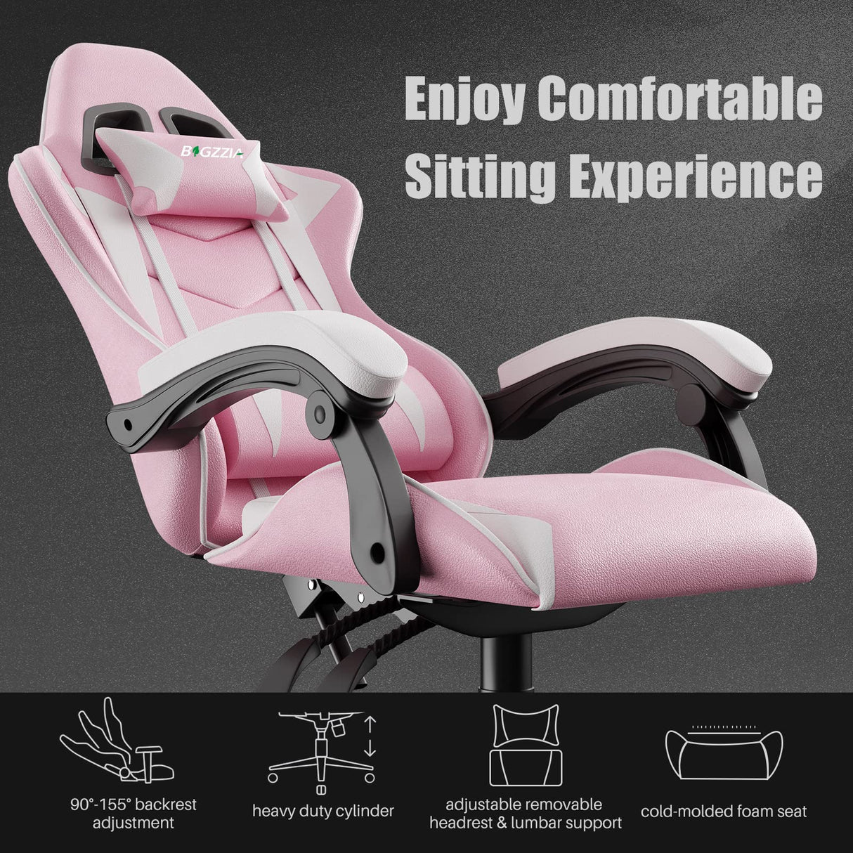 Pink Gaming Chair, Ergonomic Racing Computer Seat with Headrest and Lumbar Support, PU Leather High Back Height Adjustable Reclining Swivel Game Chairs for Adults Racingreat