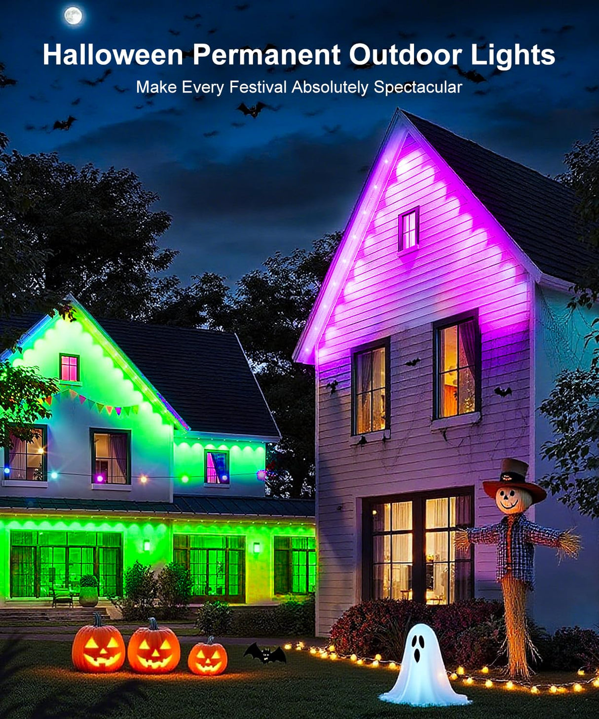 MuliVid 200Ft Permanent Outdoor Lights for House, RGB Halloween House Light Outdoor with Remote APP Control,IP67 Waterproof for Outside Decorations，Eaves Lights for Christmas, Holiday, Party, Daily MuliVid