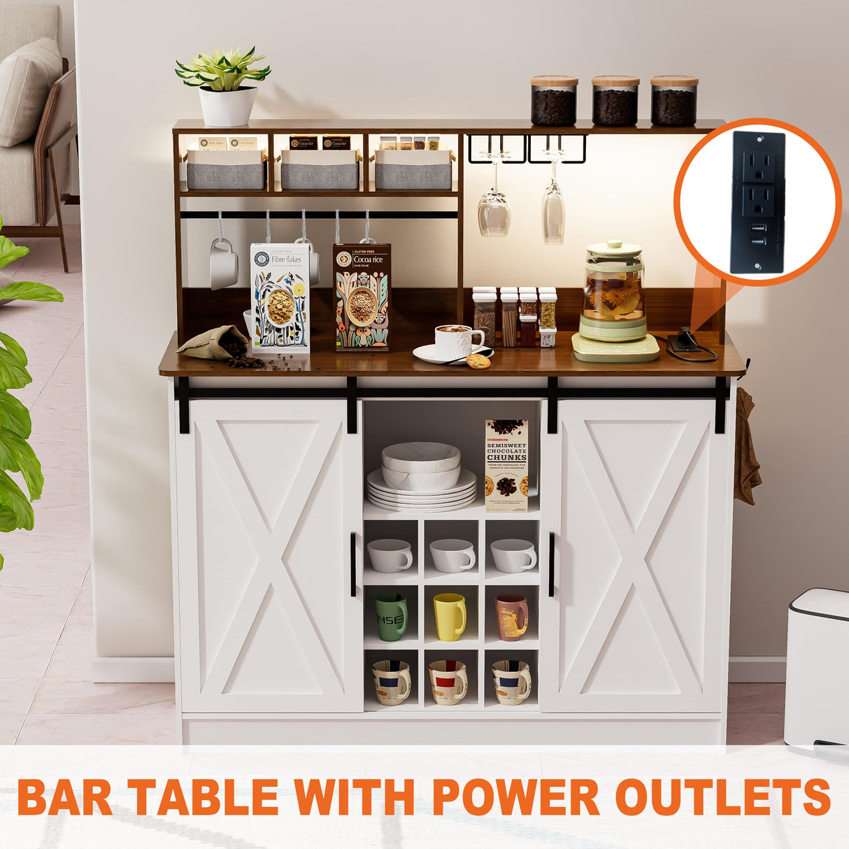 PAKASEPT Coffee Bar Cabinet with Adjustable 20-Color LED Lights and 6.5FT Outlet, Kitchen Buffet Storage Cabinet, 47'' Sideboard Buffet Cabinet with Sliding Barn Door, Adjustable Shelf and Wine Racks PAKASEPT