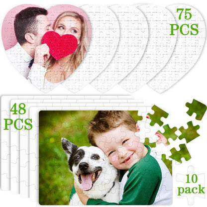 Sumind 10 Sets Blank Sublimation Puzzle Jigsaw Rectangle Heart Shaped White DIY Custom Puzzle Heat Press Thermal Transfer Puzzle Pearl Puzzle Blank Puzzle(A5-48 Rectangle and 75-Heart Shaped)