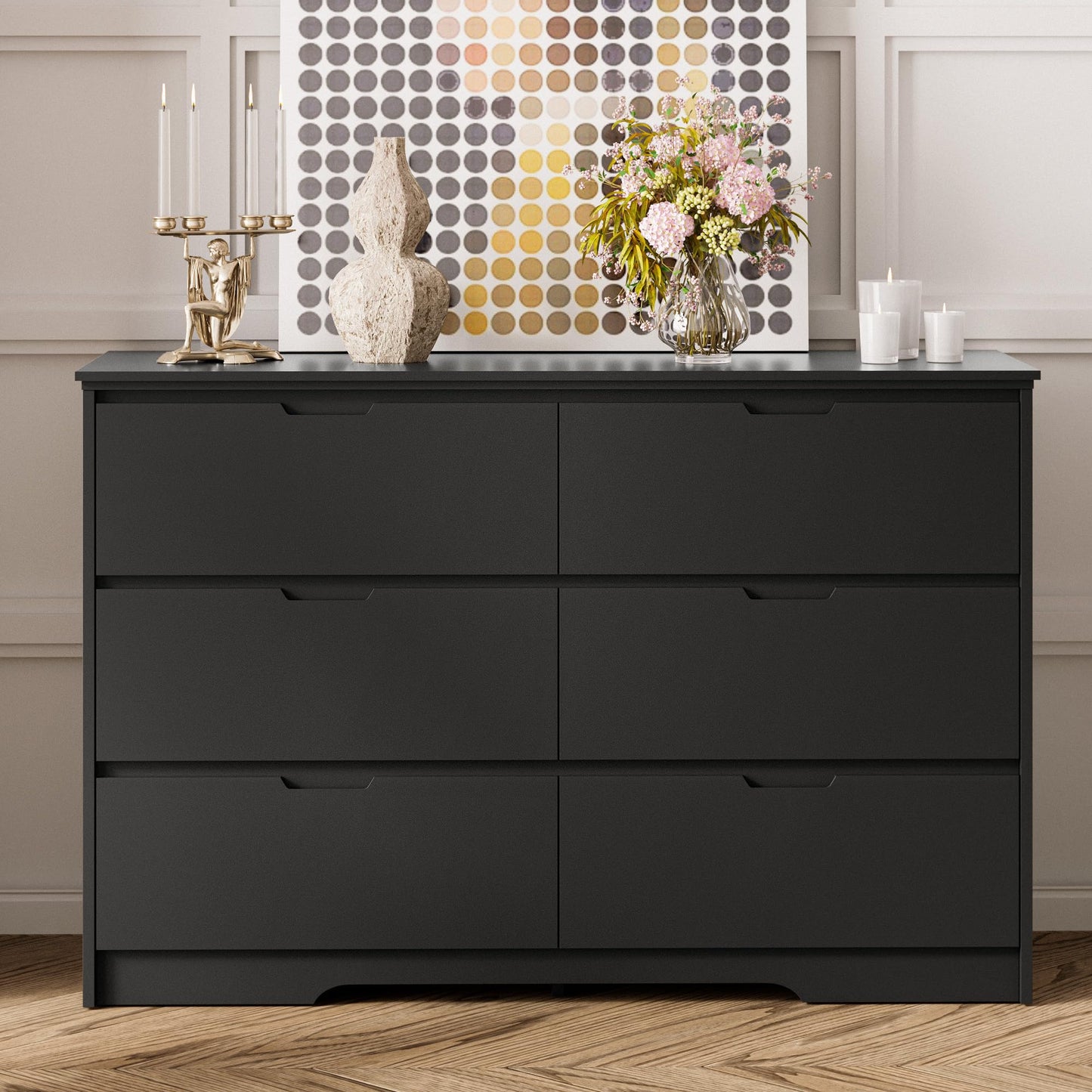 6 Drawers Black Dresser for Bedroom, Wood Large Double Dresser with Hidden Handles, Modern Dressers & Chests of Deep Drawers for Hallyway, Entryway