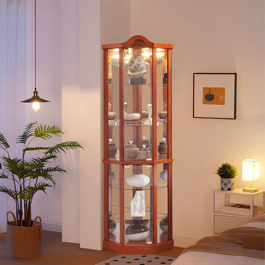 roomfitters Wooden Corner Display Curio Cabinet, Lighted China Cabinet with Tempered Glass Door, Wine Cabinet Storage with Two Section Shelving Unit, Corner Curio Storage Rack for Living Room - WoodArtSupply