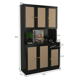 Modern Black Rattan Freestanding Kitchen Pantry Cabinet with 6 Doors & Drawer wirrytor