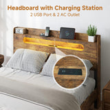 Kiivakii King Bed Frame with Storage Headboard, King Platform Bed Frame with LED Light and Charging Station, Durable Frame, No Noise, No Box Spring Needed, Dark Brown Kiivakii