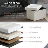 Ornavo Home Small Storage Ottoman Foldable Collapsible Rectangle Linen Ottoman Foot Rest Stool Seat, for Living Room, Bedroom, Home Office, Dorm - 12 x 16 x 12, White Ornavo Home
