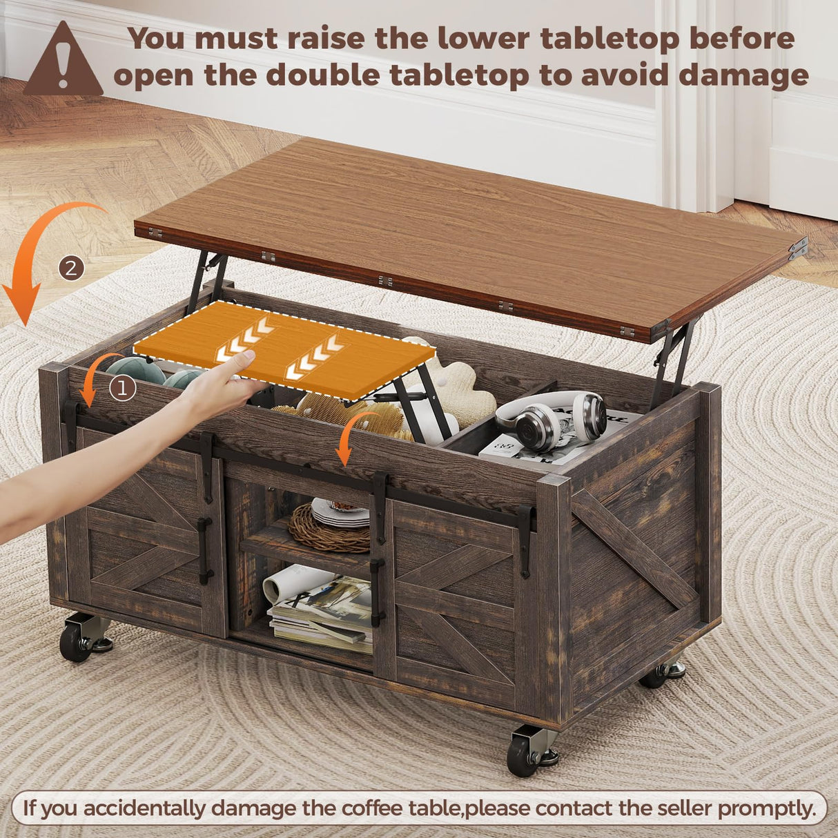 Turosur Lift Top Coffee Table with Storage, 4 in 1 Farmhouse Coffee Table with Lockable Rolling Wheels and Hidden Compartment, Center Table with 4 Sliding Barn Door for Living Room Turosur