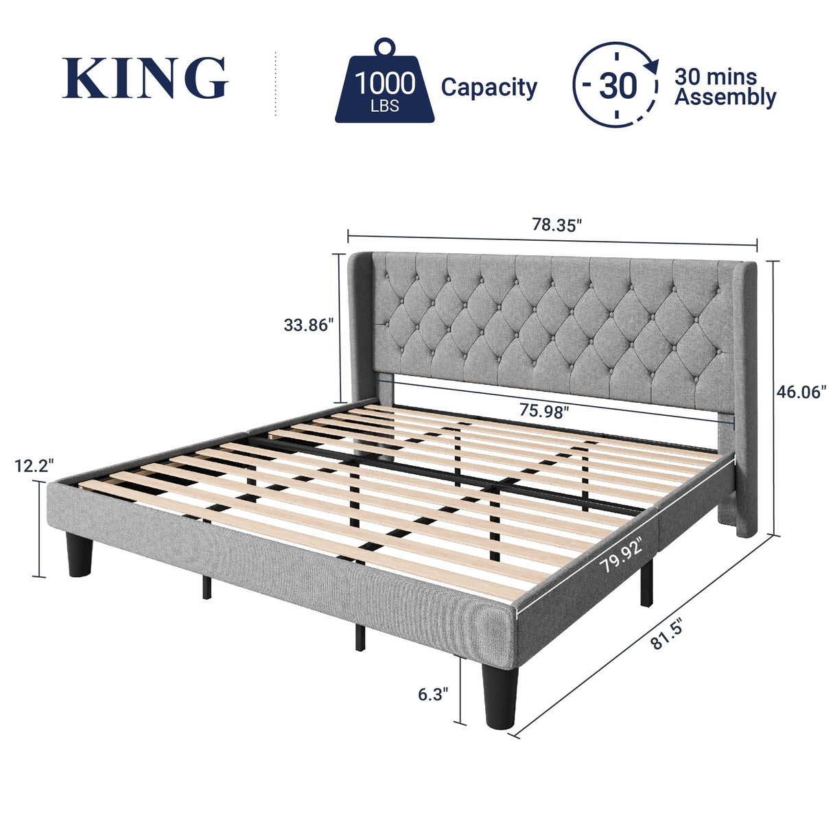Allewie King Size Upholstered Platform Bed Frame with Wingback and Button Tufted Headboard for Reading, Strong Wood Slat Support, Modern Design, Easy Assembly, Light Grey Allewie