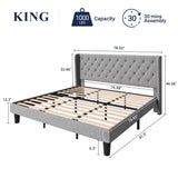 Allewie King Size Upholstered Platform Bed Frame with Wingback and Button Tufted Headboard for Reading, Strong Wood Slat Support, Modern Design, Easy Assembly, Light Grey Allewie