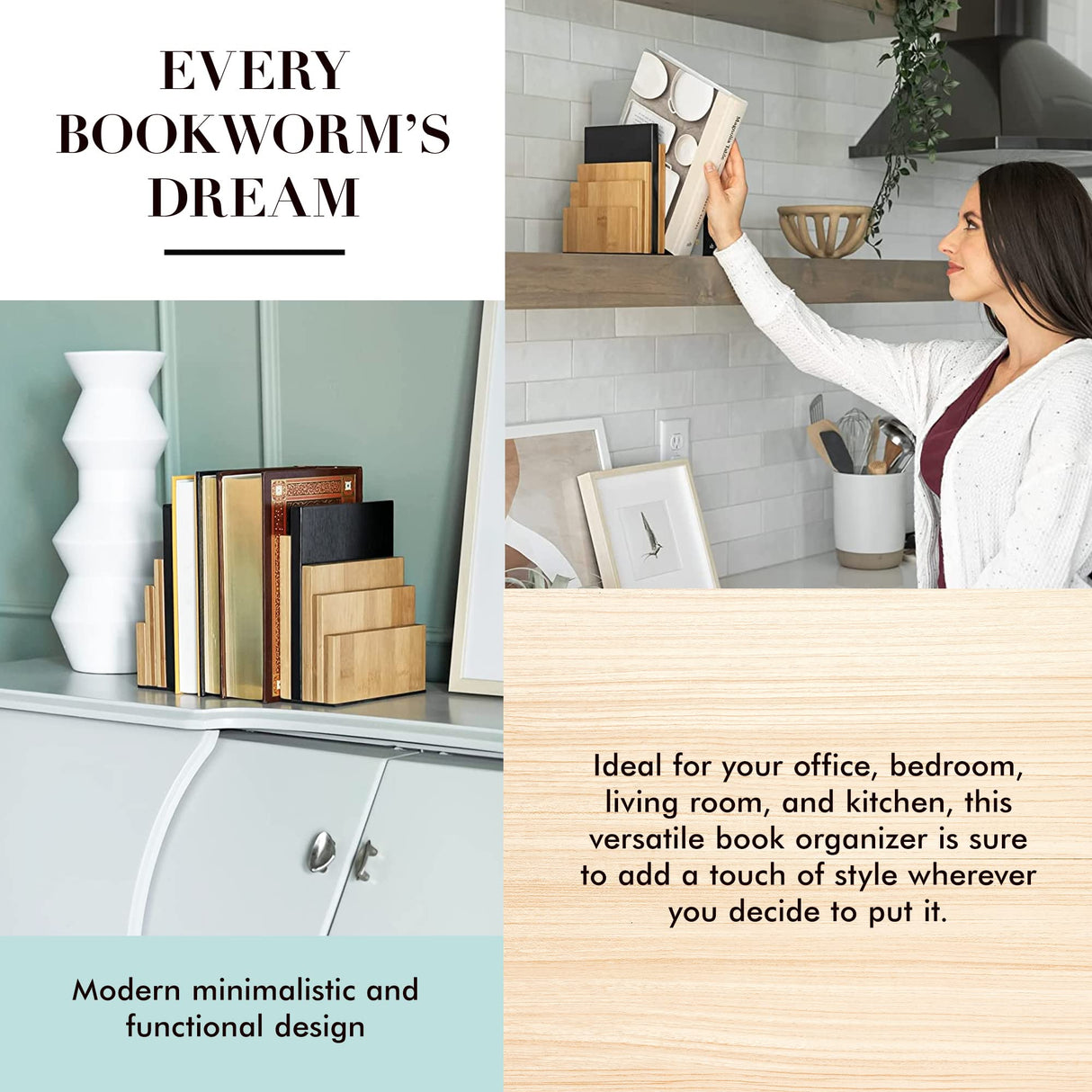 JUSK Design Bamboo Book End/Book Organizer - Non-Skid Decorative Bookends for Office and Home - Book Holders for Shelves - Substantial Weight - Holds Heavy Books JUSK