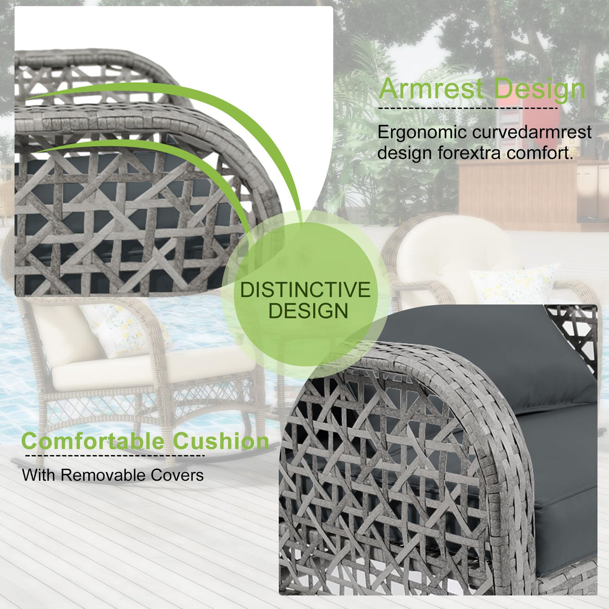 BALDPER 3 Piece Gray Wicker Patio Rocking Chair Set, Bistro Rocking Set, Outdoor Conversation Furniture with Porch Chairs and Glass Coffee Table, Slate Grey BALDPER