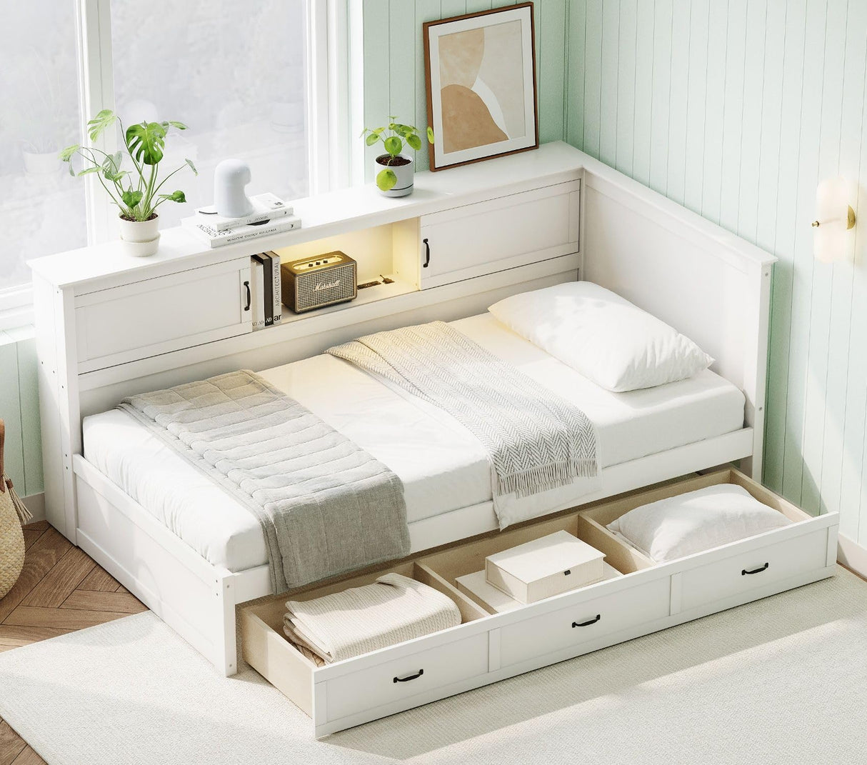 Merax Twin Size Corner Bed Frames with Storage Drawers, USB Port & Led Downlight Headboard, Wooden L-Shaped Captain Daybed for Small Room, Bedroom, Guest Room, Kids' Room, No Box Spring Needed, White Merax