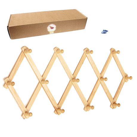 AMAPON Accordion Style Expandable Wall Wooden Coat Rack 13 Hooks (Pegs) Hang Hats Jackets Coffee Mug Purses Necklaces Towels Cap Leash Scarves Data Line Kitchenware AMAPON
