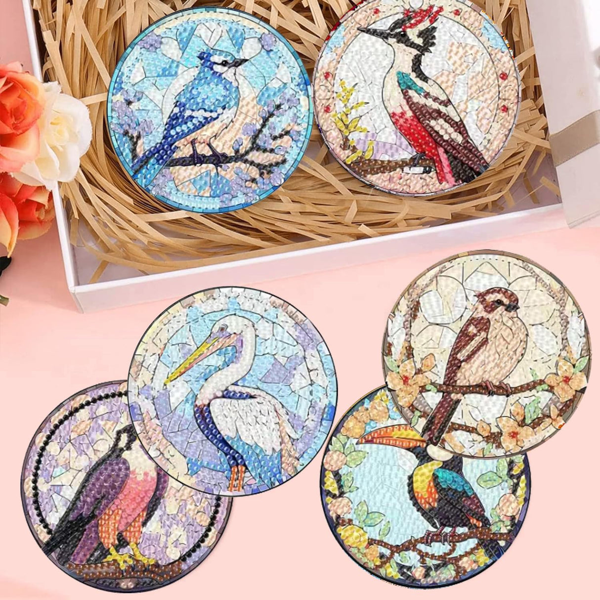 croshom 8 PCS Birds Diamond Art Coasters Diamond Painting Coasters Kits with Holder, Birds DIY Coasters for Adult Beginners, Diamond Art Crafts Supplies croshom