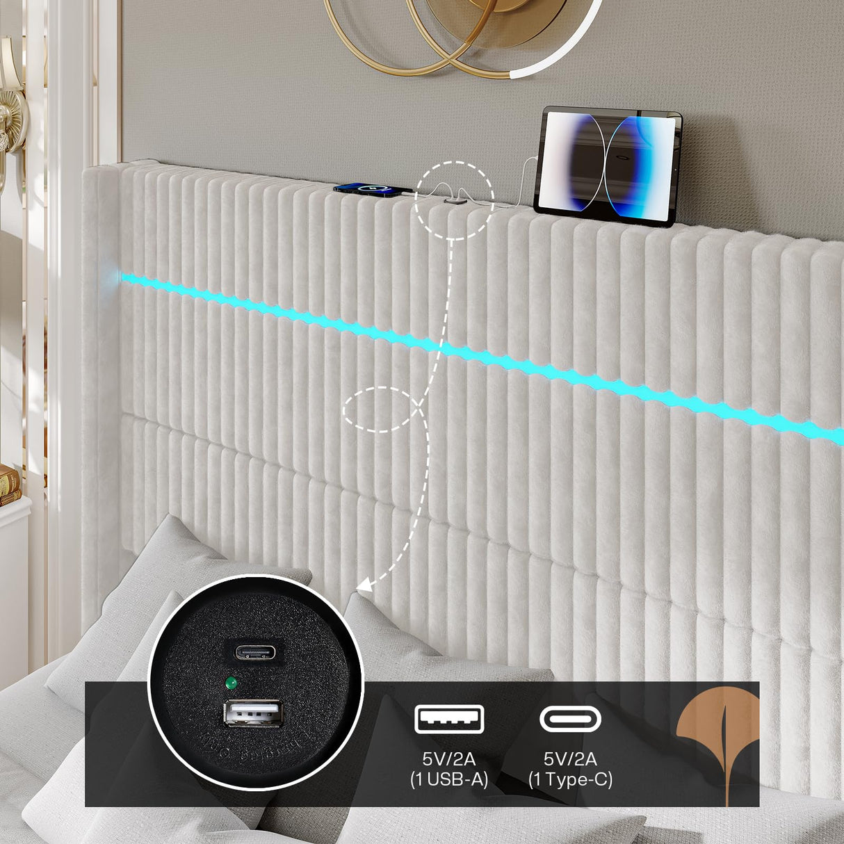 Jocisland 60" Tall King Bed Frame with LED Lights, Corduroy Upholstered Platform Bed Frame with Wingback Headboard and Charging Station/No Box Spring Needed/White Jocisland