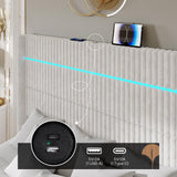 Jocisland 60" Tall King Bed Frame with LED Lights, Corduroy Upholstered Platform Bed Frame with Wingback Headboard and Charging Station/No Box Spring Needed/White Jocisland