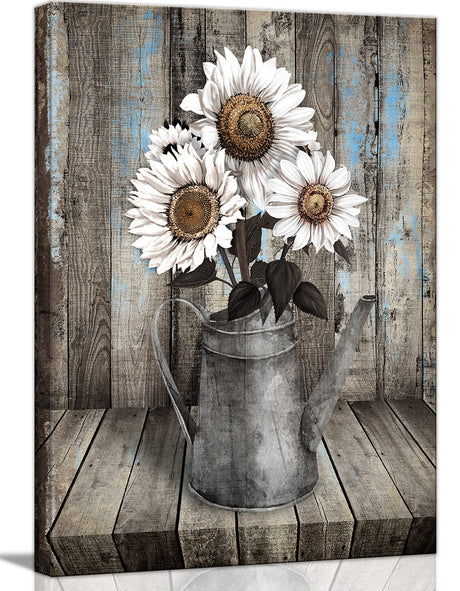 Framed Rustic Farmhouse White Sunflower Wall Art Decor for picture print Floral Vintage Wood Grain Canvas Artwork for Living Room Bedroom Bathroom Office Hotel Modern Home ready to hang 12x16inch NCYEL