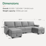 HONBAY Sectional Sofa with Storage Seat U Shaped Sectional Couch with Reversible Chaise Convertible Sectional Couches for Living Room,Light Grey HONBAY