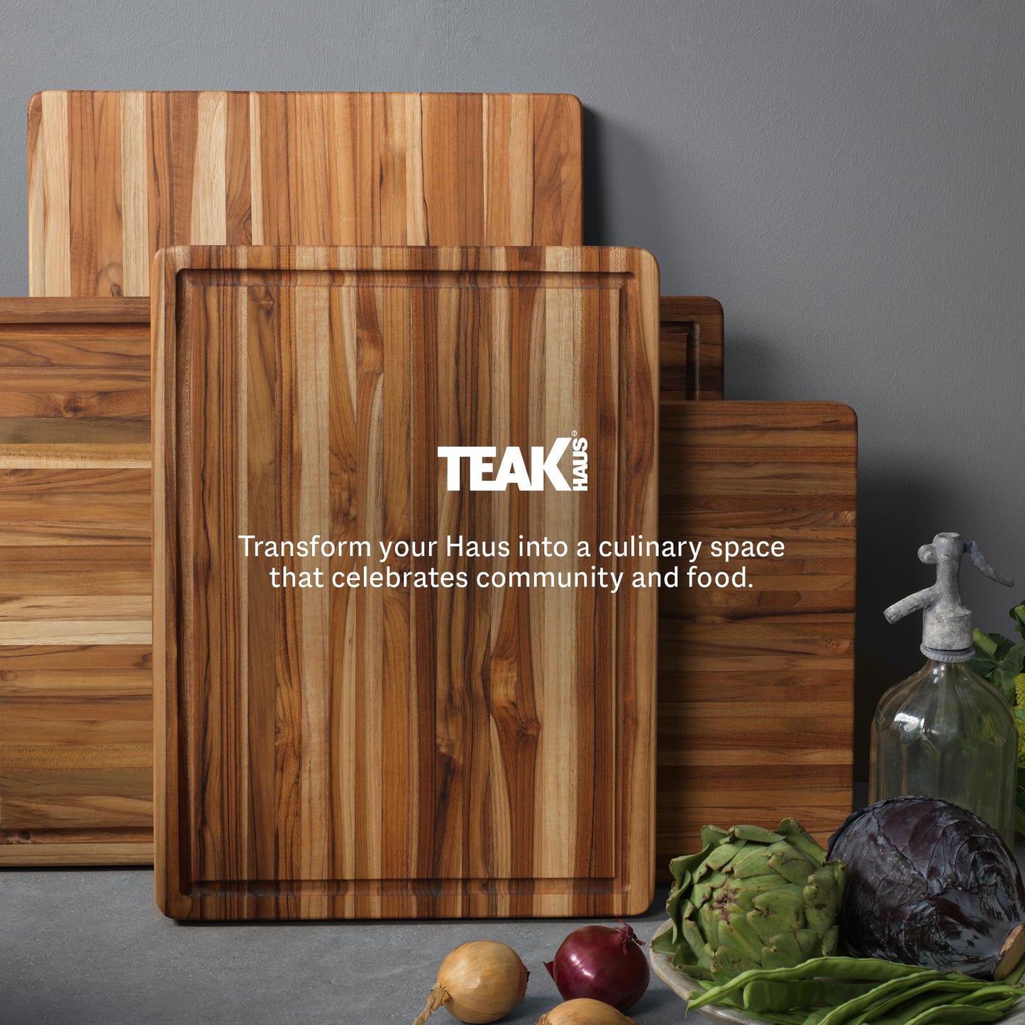 Teakhaus Carving Board - Medium (M) Wood Cutting Board with Juice Groove and Grip Handles - Reversible Teak Edge Grain Wood - Knife Friendly - FSC Certified