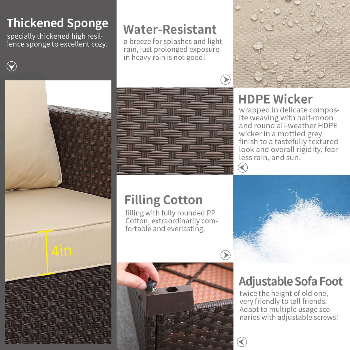 Rattaner 5-Piece Outdoor Furniture Set Patio Furniture Set Outdoor Couch Coffee Table with Storage No-Slip Cushions and Waterproof Covers, Khaki Rattaner