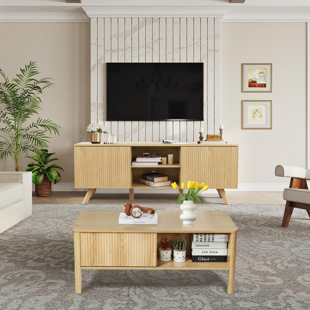 affeivul Rectangle Fluted Coffee Table with Storage and Sliding Drawers, Light Wood Coffee Table, Mid Century Modern Coffee Table Boho Style, Low for Living Room/Bedroom/Office (Natural) affeivul