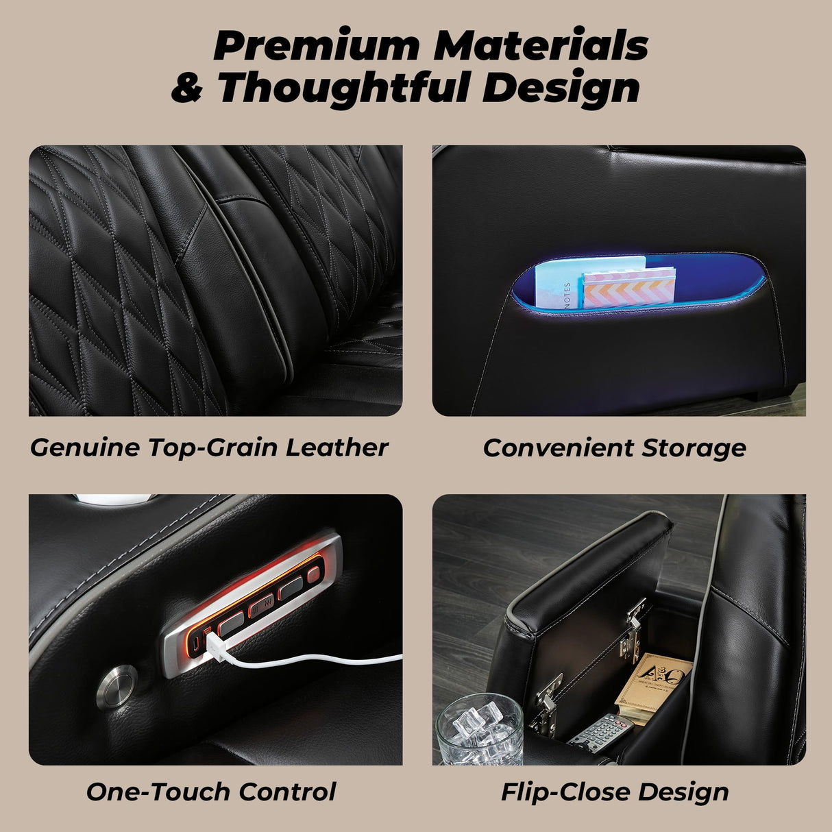 Signature Design by Ashley Boyington Modern Leather Match Power Reclining Loveseat with Console, Adjustable Headrest, Massage, Heated Seat and LED Lights, Black Signature Design by Ashley