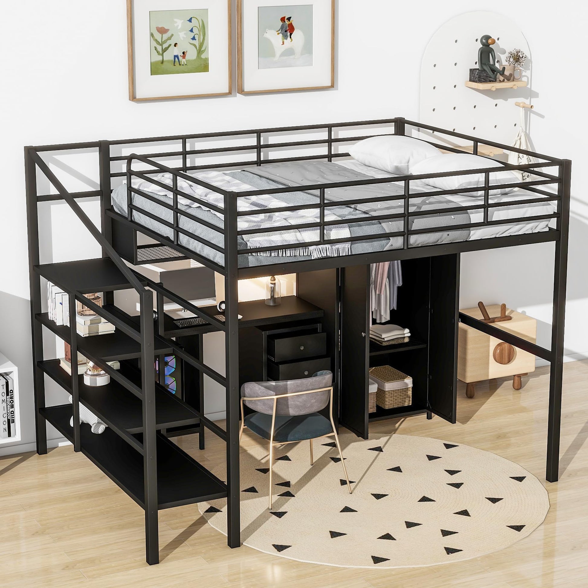 SOFTSEA Industrial Full Size Metal Loft Bed with Desk, Wardrobe, and Stairs for Small Spaces - WoodArtSupply