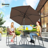 Outsunny 4 Piece Outdoor Bar Set with Umbrella, Patio Dining Set with 2 Folding Chairs, Wave Textured Tempered Glass Table for Backyard, Garden, Deck, Poolside, Brown Outsunny