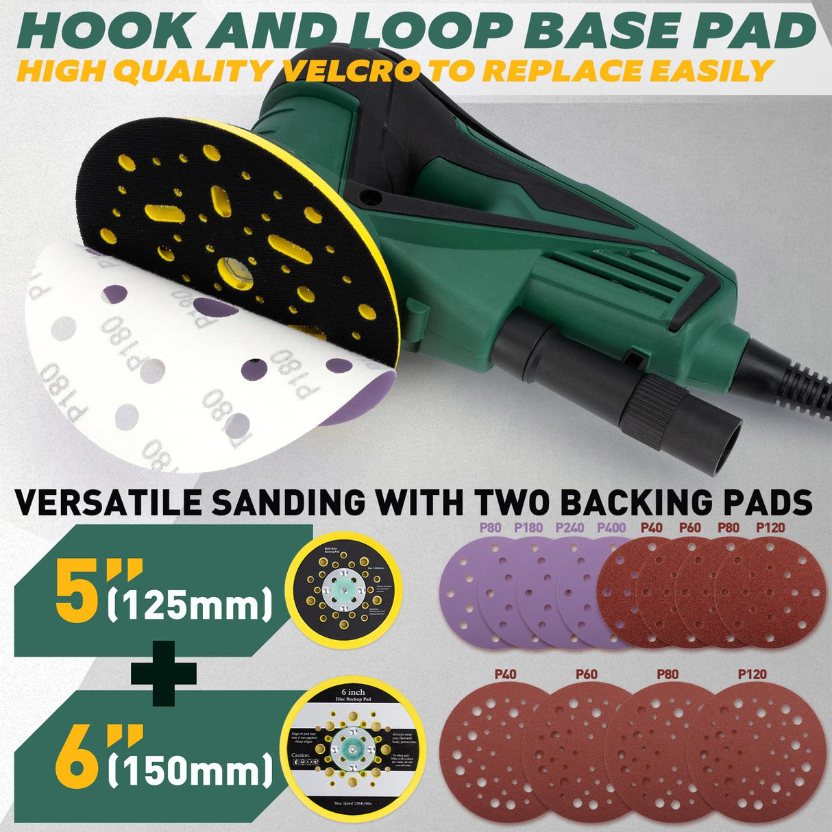 KUIMIT Electric Random Orbital Sander, 350W brushless motor with 5&6-inch pads, 4000-10000RPM Electric Palm Sander for Woodworking, Sanding and Polishing KUIMIT