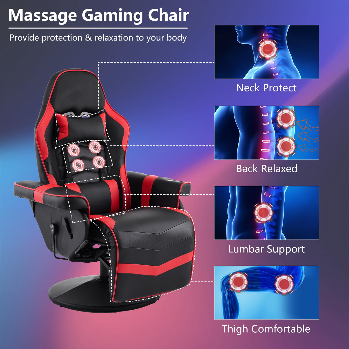 IBXFO Massage Gaming Chair for Adults, Heavy Duty Reclining Office Chair with Footrest, Adjustable Backrest and Cup Holder, Black Red IBXFO