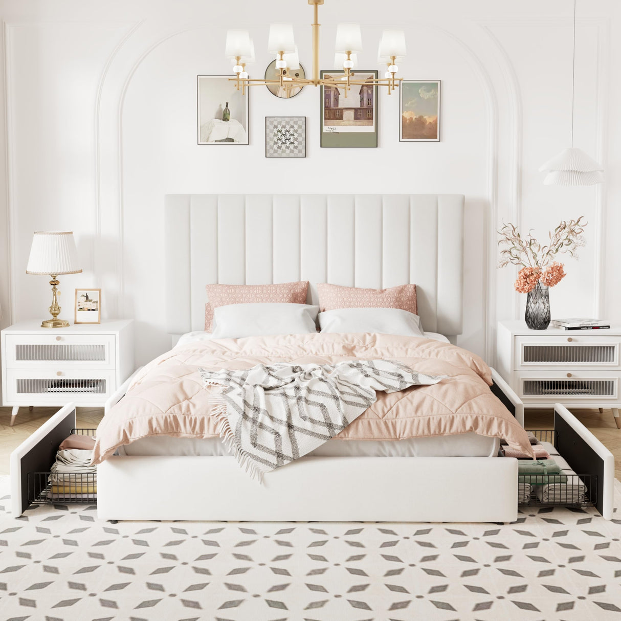 Allewie Queen Size Storage Bed Frame, Vertical Channel Tufted Adjustable Headboard, Velvet Upholstered Platform Bed with 4 Oversized Underbed Drawers, Wooden Slats Support, No Box Spring Needed, White Allewie