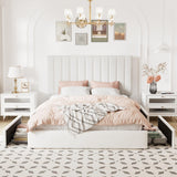 Allewie Queen Size Storage Bed Frame, Vertical Channel Tufted Adjustable Headboard, Velvet Upholstered Platform Bed with 4 Oversized Underbed Drawers, Wooden Slats Support, No Box Spring Needed, White Allewie