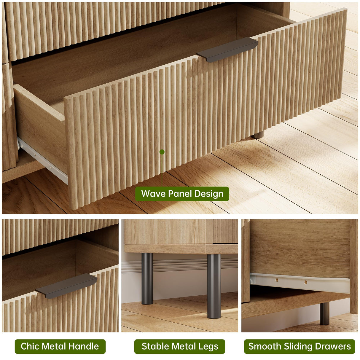 GarveeHome Oak Fluted 5 Drawer Dresser for Bedroom, Modern Wood Chest of Drawers with Wide Drawers, Closet Dresser Organizer with Anti-Tipping Device and Metal Legs for Hallway Entryway GarveeHome