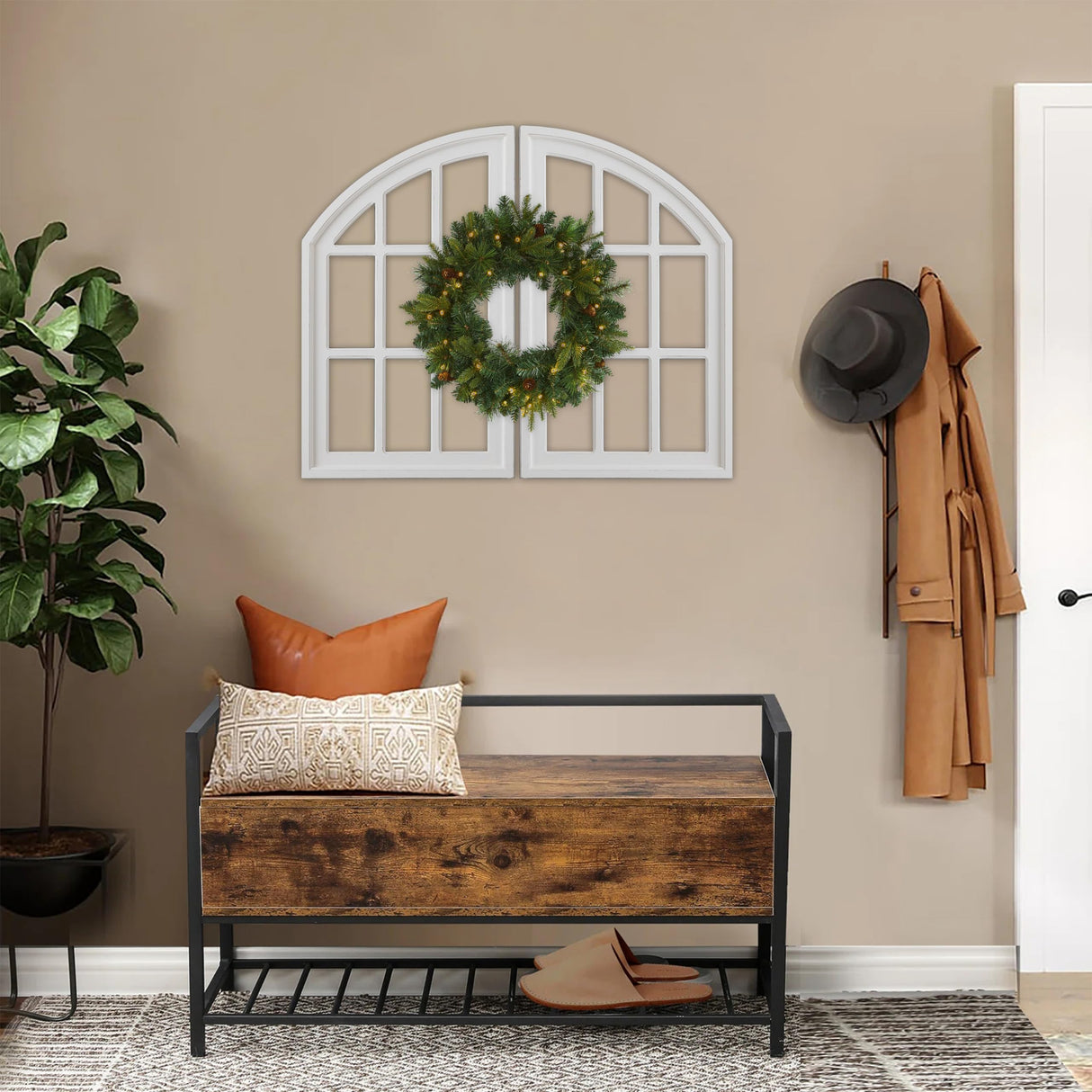 Sintosin Rustic Arch Window Frame Wall Decor 30 X 36 Inch, Set of 2 Wall Hanging Distressed White Farmhouse Window Frame, Handmade Wooden Window Pane for Living Room Entryway Sintosin