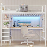 Jocoevol Full Size Loft Bed with L-Shaped Desk, LED Lights,Charging Station, Industrial Heavy Duty Metal Loft Bed Frame with 3 Storage Shelves and 3 Fabric Drawers, Safety Guard & Ladder, White Jocoevol