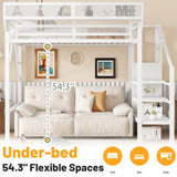 MoproBeti Twin Size Loft Bed with Stairs, Metal Loft Beds Twin with Storage Shelves, Adults Loft Bed with Wardrobe, Heavy Duty High Lofted Bed for Kids Teens,White + White Stair MoproBeti