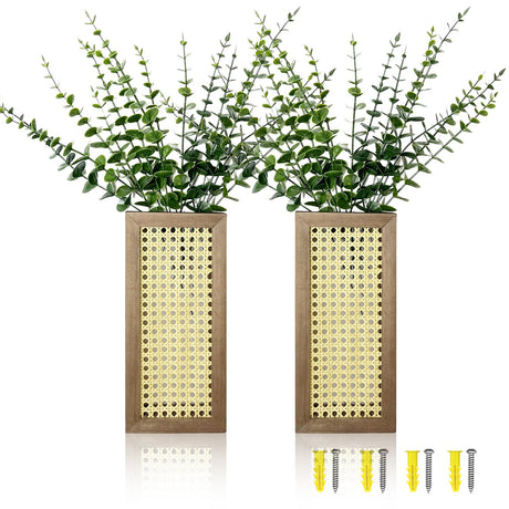 2Pcs Wood Wall Planter with Rattan Webbing, Boho Wooden Pocket Vase for Dried Flowers and Artificial Greenery Plants, Modern Farmhouse Wall Decor for Living Room Bedroom Bathroom Home Decor (Natural) Relxhmft