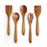KITEISCAT Acacia Wooden Spoons for Cooking: 5-Piece Kitchen & Cooking Utensils Set - Wooden Spatula, Slotted & Pasta Spoon - Essential Wooden Utensil Set KITEISCAT