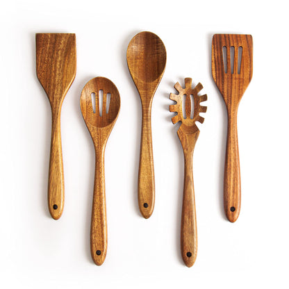 KITEISCAT Acacia Wooden Spoons for Cooking: 5-Piece Kitchen & Cooking Utensils Set - Wooden Spatula, Slotted & Pasta Spoon - Essential Wooden Utensil Set - WoodArtSupply