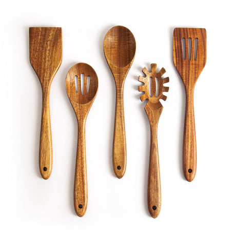 KITEISCAT Acacia Wooden Spoons for Cooking: 5-Piece Kitchen & Cooking Utensils Set - Wooden Spatula, Slotted & Pasta Spoon - Essential Wooden Utensil Set KITEISCAT