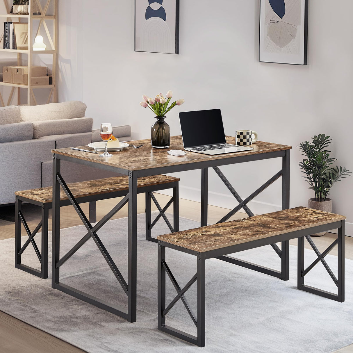 VECELO Kitchen Table with 2 Benches for 4, 43.3'' Wood Dining Room Dinette Sets with X Metal Frame for Breakfast Nook and Small Space, Brown VECELO