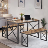 VECELO Kitchen Table with 2 Benches for 4, 43.3'' Wood Dining Room Dinette Sets with X Metal Frame for Breakfast Nook and Small Space, Brown VECELO