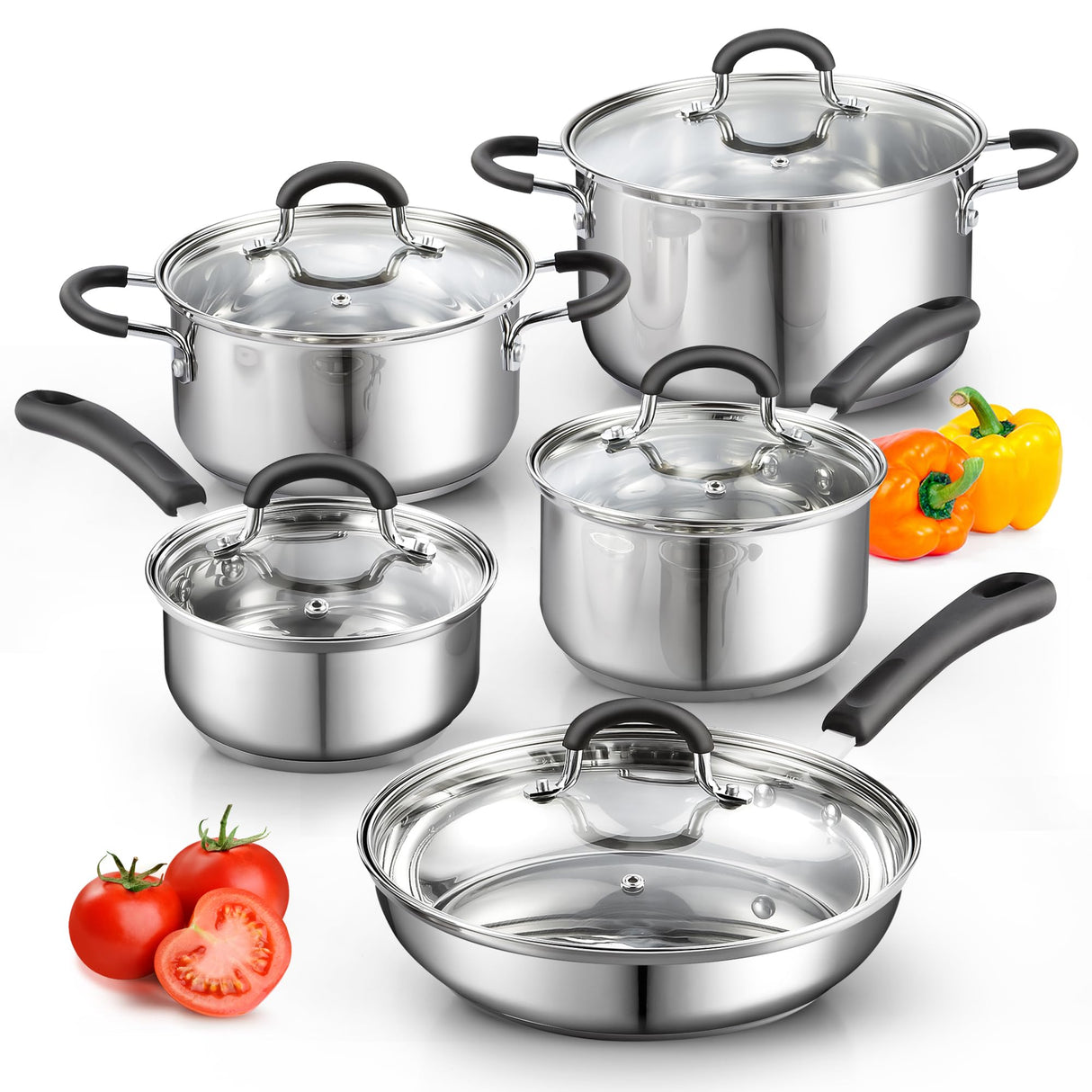 Cook N Home Stainless Steel Cookware Sets 10-Piece, Pots and Pans Kitchen Cooking Set with Stay-Cool Handles, Dishwasher Safe, Silver Cook N Home
