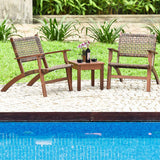 Tangkula 3 PCS Patio Conversation Set, Solid Eucalyptus Wood Frame Outdoor Wicker Furniture Set Bistro Set with Coffee Table, Rattan Furniture Set for Backyard Porch Garden Poolside Balcony (Brown) Tangkula