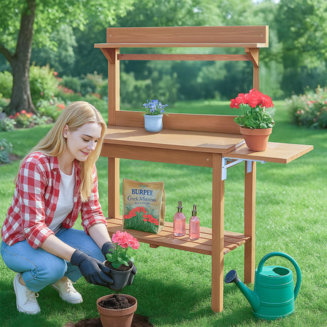Outdoor Garden Potting Bench Table, Wooden Horticulture Planting Worstation with Metal Tabletop, 2 Drawers, Storage Shelf, 3 Hooks, Natural Wood (115 * 45.5 * 130CM) Generic