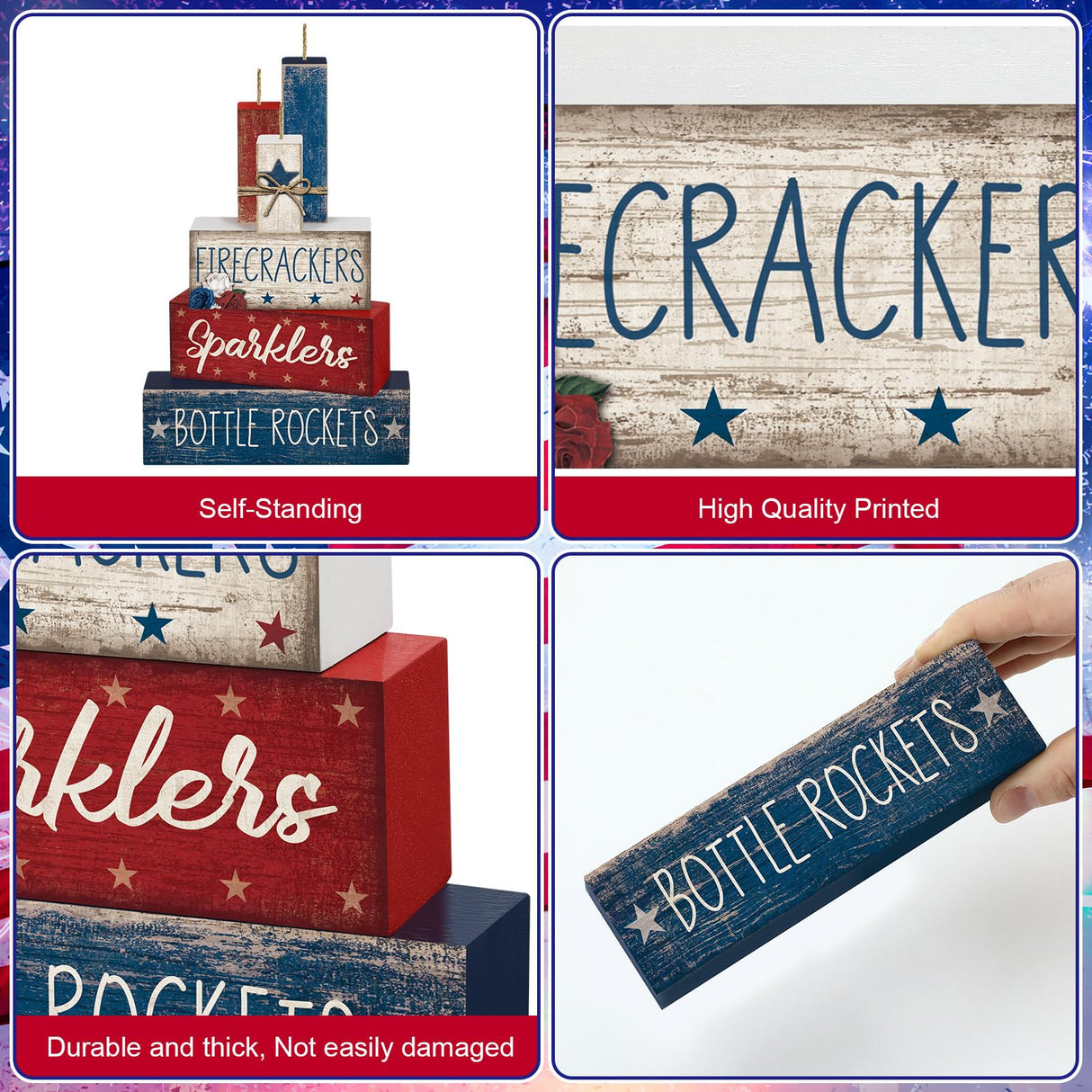CroBlissful 4 Pcs Memorial Day Decorations Patriotic Tiered Tray Decorations 4th of July Table Sign Farmhouse Red White Blue Rustic Wood Block Stack Sign for Home Shelf Mantel(Firecrackers) CroBlissful